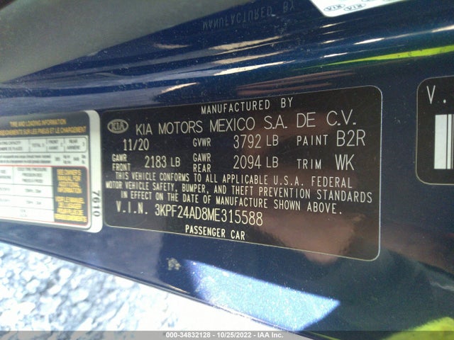 2021 KIA FORTE LXS VIN: 3KPF24AD8ME315588