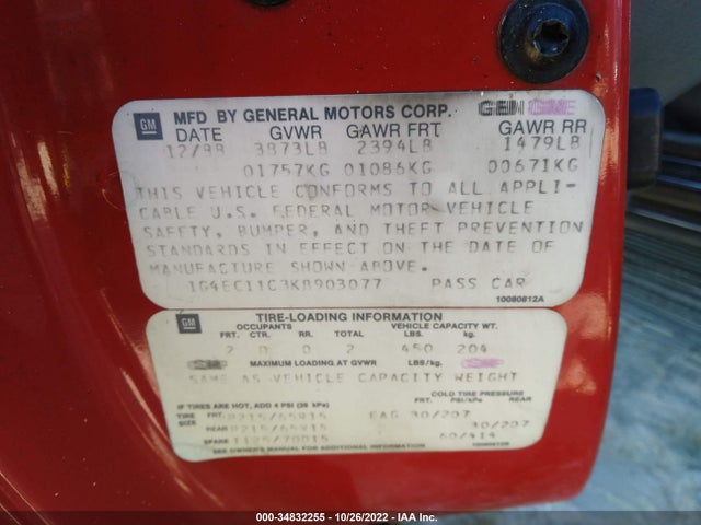 1989 BUICK REATTA VIN: 1G4EC11C3KB903077