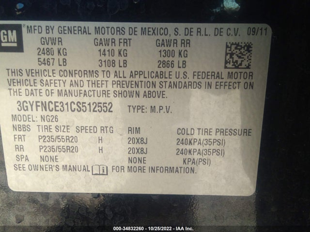 34832260 :رقم المزاد ، 3GYFNCE31CS512552 vin ، 2012 Cadillac Srx Premium Collection مزاد بيع
