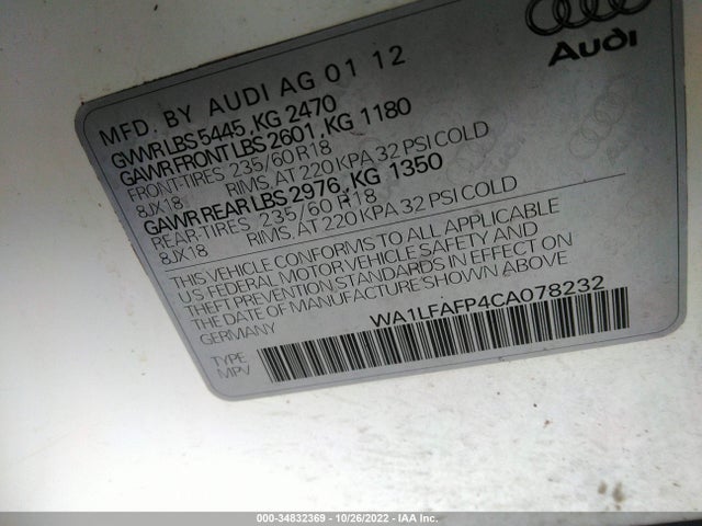 2012 AUDI Q5 2.0T PREMIUM PLUS VIN: WA1LFAFP4CA078232