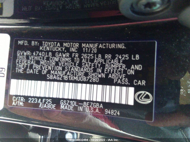 2021 Lexus ES, VIN: 58AGZ1B1XMU087280