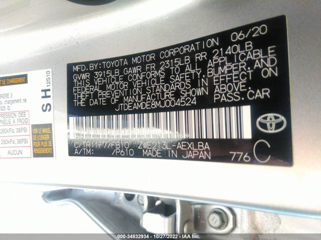 2021 TOYOTA COROLLA HYBRID LE VIN: JTDEAMDE8MJ004524