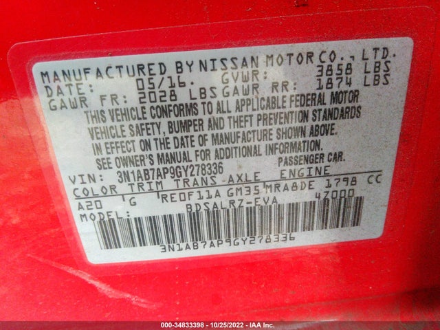 2016 NISSAN SENTRA SR/SL/S/SV/FE+ S VIN: 3N1AB7AP9GY278336
