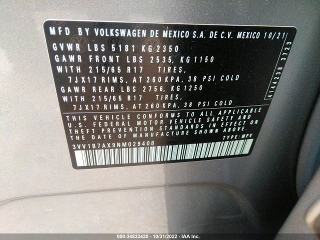 2022 VOLKSWAGEN TIGUAN S VIN: 3VV1B7AX9NM029408