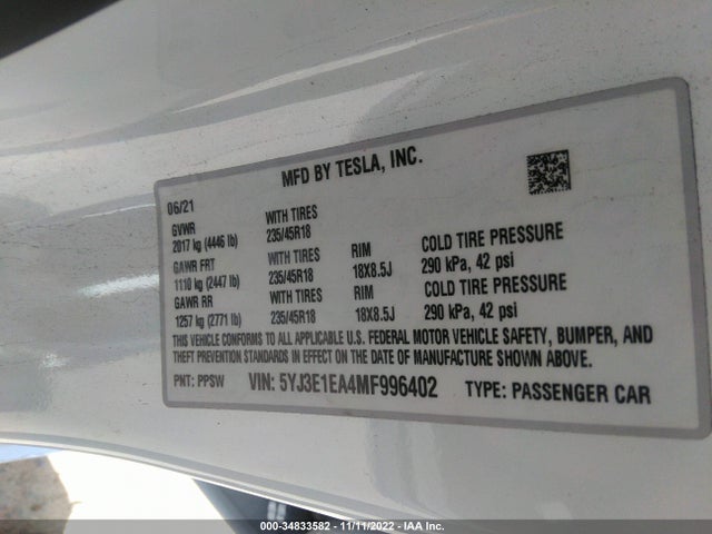 Tesla Model 3 Standard Range Plus 2021 5YJ3E1EA4MF996402 Image 11