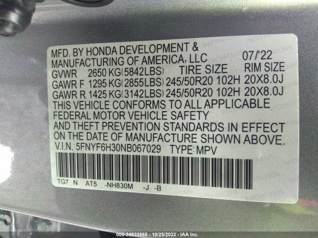 2022 Honda Pilot, VIN: 5FNYF6H30NB067029