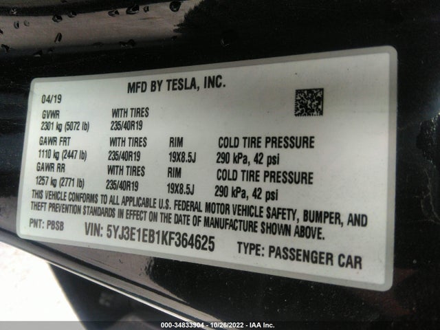 Tesla MODEL 3 2019 5YJ3E1EB1KF364625 Image 10