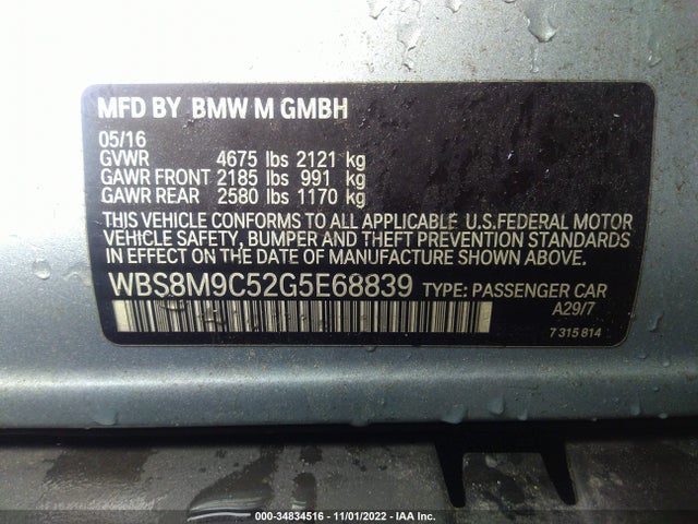 2016 BMW M3, VIN: WBS8M9C52G5E68839