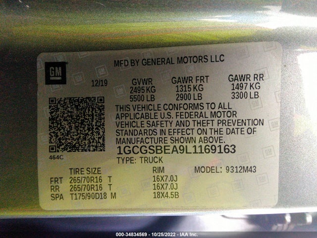 2020 Chevrolet Colorado, VIN: 1GCGSBEA9L1169163