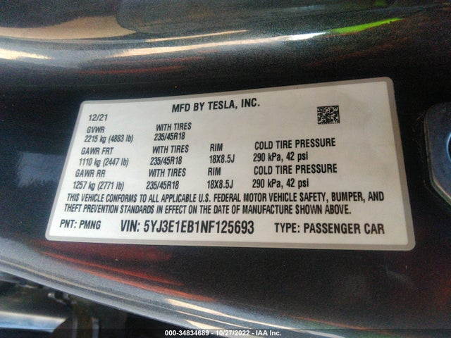 Tesla Model 3 Long Range 2022 5YJ3E1EB1NF125693 Image 11