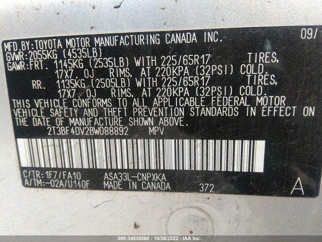 2011 TOYOTA RAV4 VIN: 2T3BF4DV2BW088892