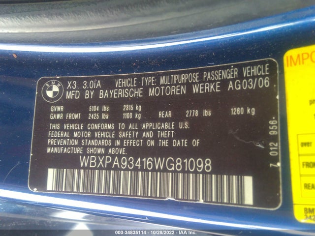 WBXPA93416WG81098 BMW X3 3.0I