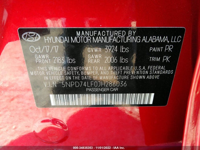 2018 HYUNDAI ELANTRA SE VIN: 5NPD74LF0JH286036