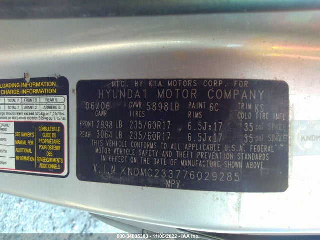 2007 HYUNDAI ENTOURAGE GLS/SE/LIMITED VIN: KNDMC233776029285