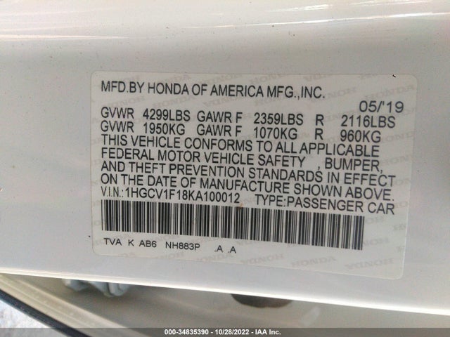 2019 HONDA ACCORD SEDAN LX 1.5T VIN: 1HGCV1F18KA100012