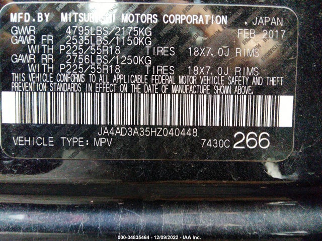 Mitsubishi Outlander Se/sel 2017 JA4AD3A35HZ040448 Image 9