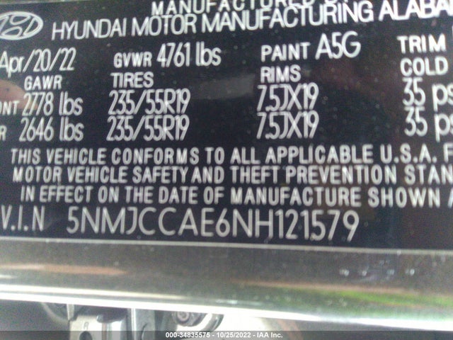 2022 HYUNDAI TUCSON SEL VIN: 5NMJCCAE6NH121579