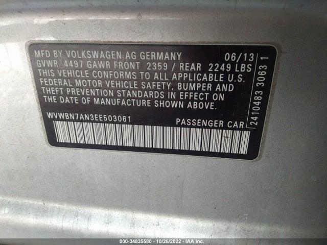 2014 Volkswagen CC, VIN: WVWBN7AN3EE503061