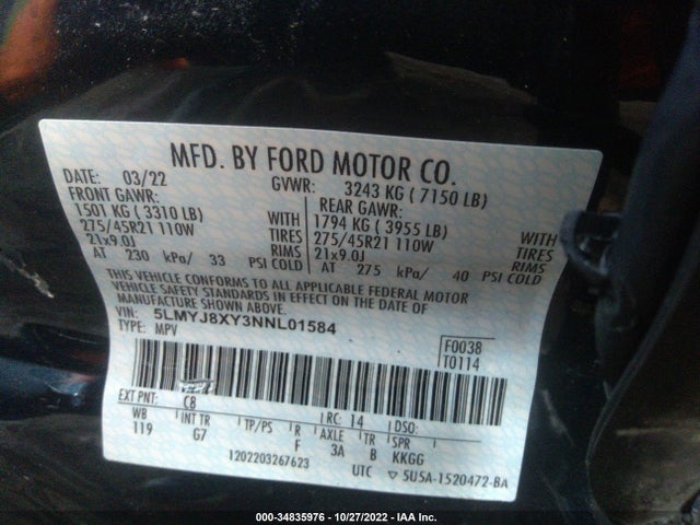 2022 Lincoln Aviator, VIN: 5LMYJ8XY3NNL01584