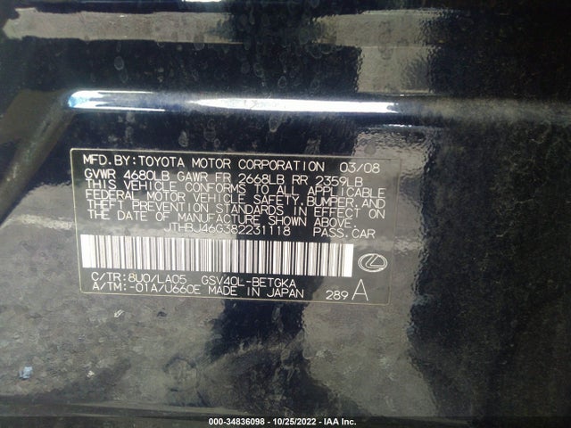 Aukcja sprzedaży 2008 Lexus Es 350, vin: JTHBJ46G382231118, numer aukcji: 34836098