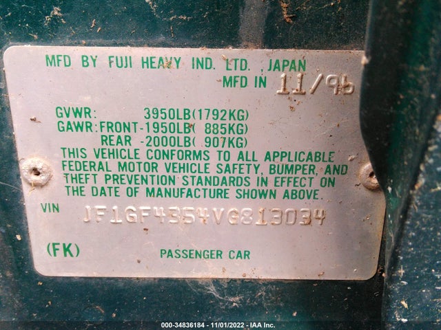 1997 SUBARU IMPREZA L VIN: JF1GF4354VG813034