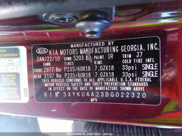 5XYKU4A23BG022320 KIA SORENTO EX