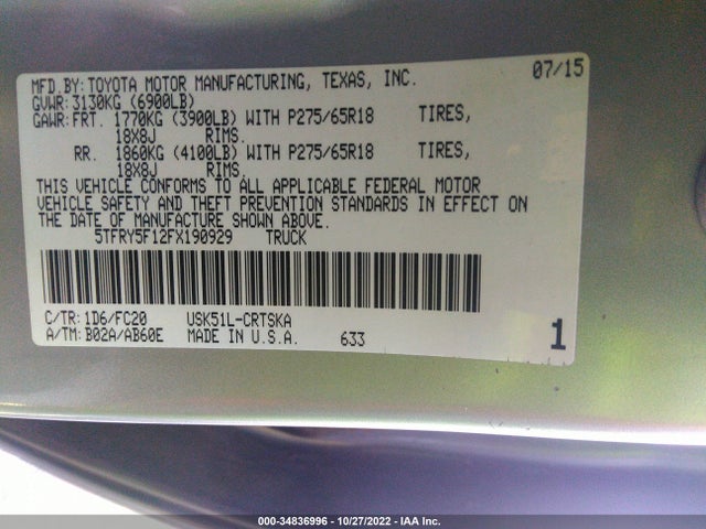 2015 Toyota Tundra, VIN: 5TFRY5F12FX190929
