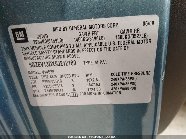 2009 SATURN OUTLOOK XE VIN: 5GZEV13DX9J212180