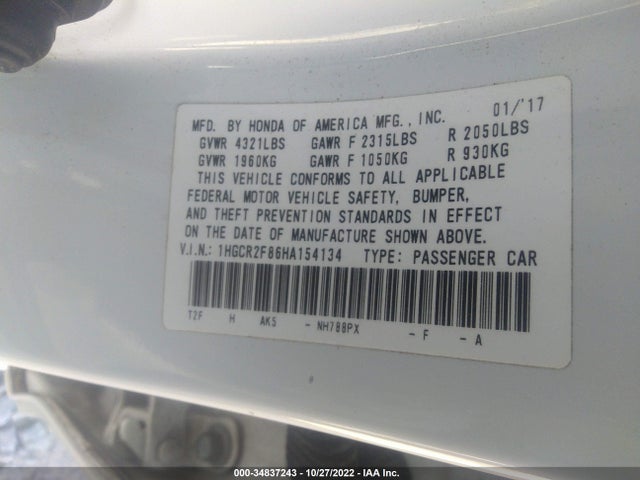 2017 HONDA ACCORD SEDAN EX-L VIN: 1HGCR2F86HA154134