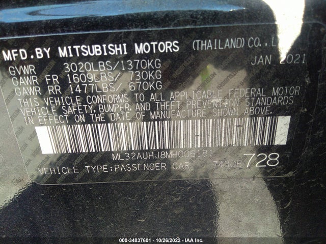 2021 Mitsubishi Mirage, VIN: ML32AUHJ8MH006181