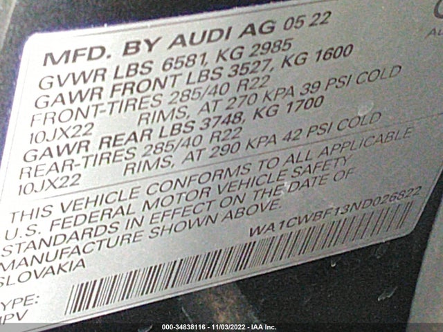 2022 Audi SQ8, VIN: WA1CWBF13ND026822