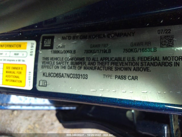 2022 Chevrolet Spark, VIN: KL8CD6SA7NC033103