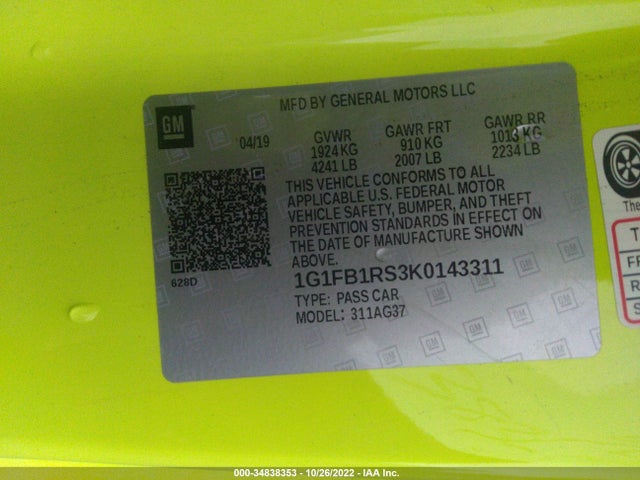 2019 CHEVROLET CAMARO 1LT VIN: 1G1FB1RS3K0143311