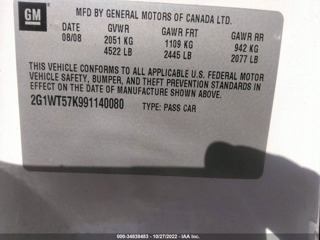 2009 CHEVROLET IMPALA 3.5L LT VIN: 2G1WT57K991140080