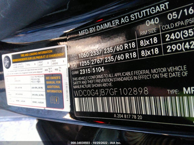 2016 Mercedes-Benz GLC-Class, VIN: WDC0G4JB7GF102898