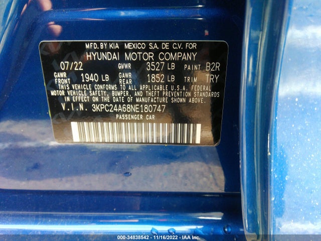 2022 Hyundai Accent, VIN: 3KPC24A68NE180747
