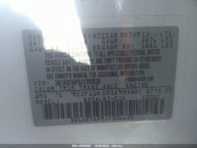 34838567 :رقم المزاد ، 3N1AB7AP9JY306630 vin ، 2018 Nissan Sentra S مزاد بيع