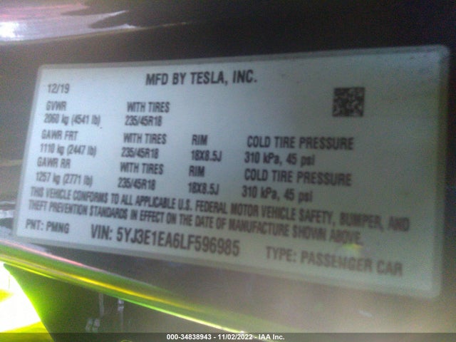Tesla Model 3 Standard Range 2020 5YJ3E1EA6LF596985 Image 9