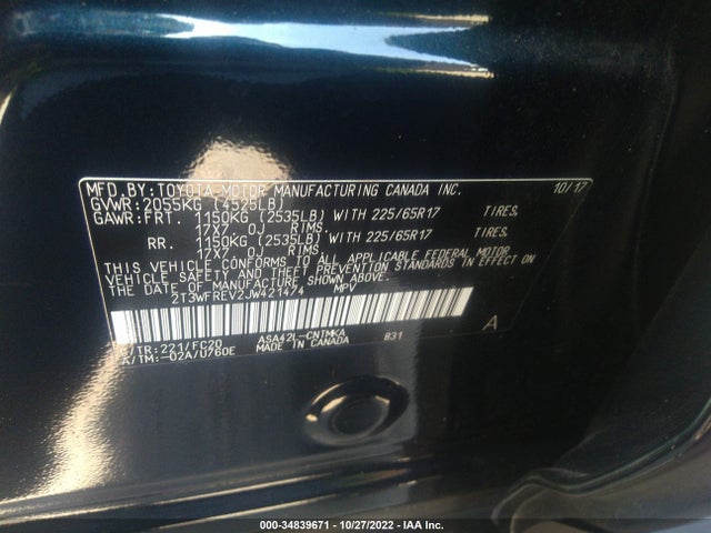 2018 TOYOTA RAV4 XLE/ADVENTURE VIN: 2T3WFREV2JW421474
