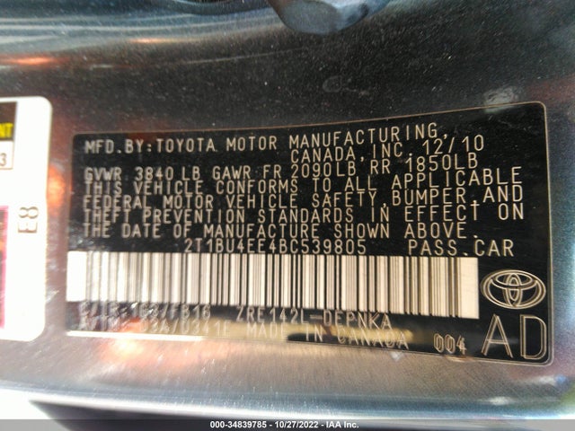 2011 TOYOTA COROLLA L/LE/S VIN: 2T1BU4EE4BC539805