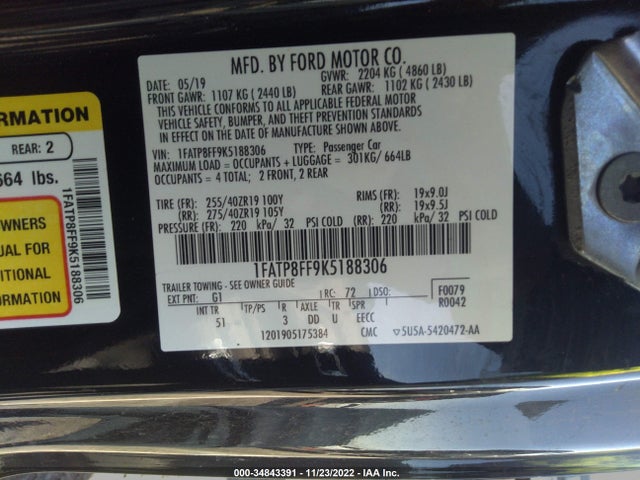 2019 FORD MUSTANG GT PREMIUM VIN: 1FATP8FF9K5188306