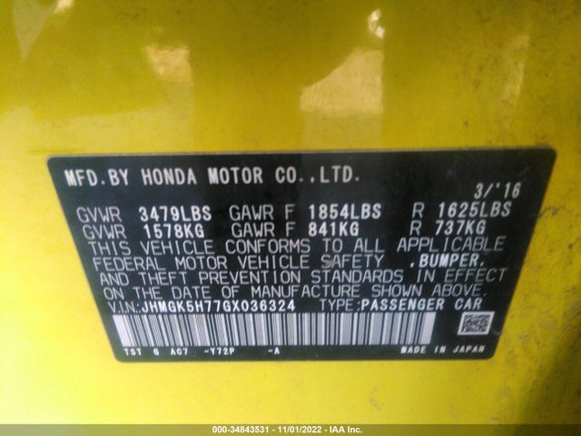 2016 Honda Fit, VIN: JHMGK5H77GX036324
