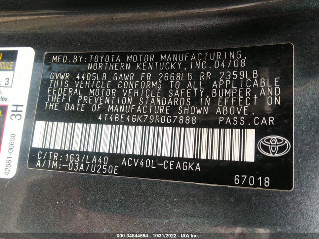 2009 TOYOTA CAMRY VIN: 4T4BE46K79R067888