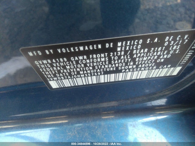 2017 Volkswagen Jetta, VIN: 3VWDB7AJ0HM357597