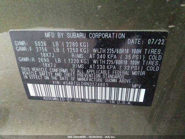 2022 SUBARU OUTBACK ONYX EDITION XT VIN: 4S4BTGLD8N3274801