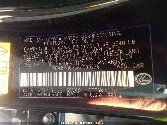 2016 Lexus ES, VIN: 58ABK1GG6GU033278