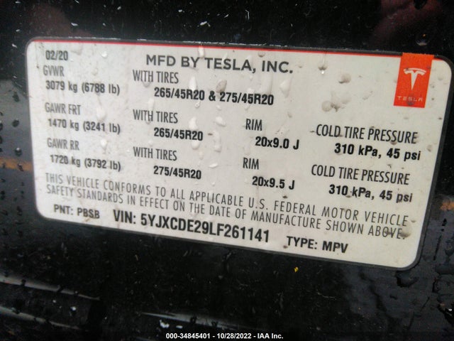 2020 Tesla Model X, VIN: 5YJXCDE29LF261141