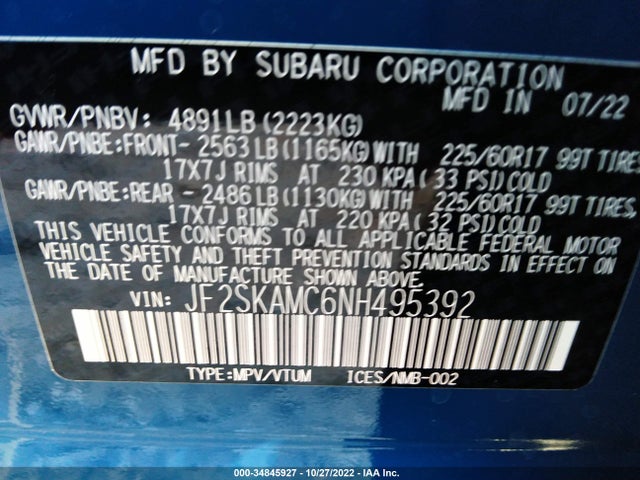 2022 SUBARU FORESTER WILDERNESS VIN: JF2SKAMC6NH495392