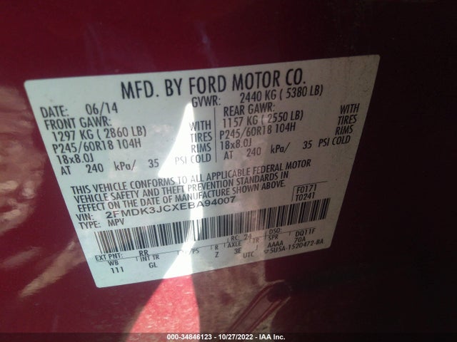 2014 FORD EDGE SEL VIN: 2FMDK3JCXEBA94007