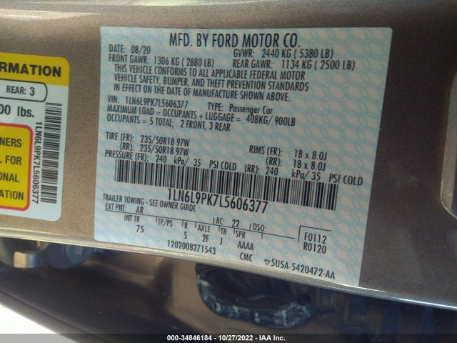 2020 Lincoln Continental, VIN: 1LN6L9PK7L5606377